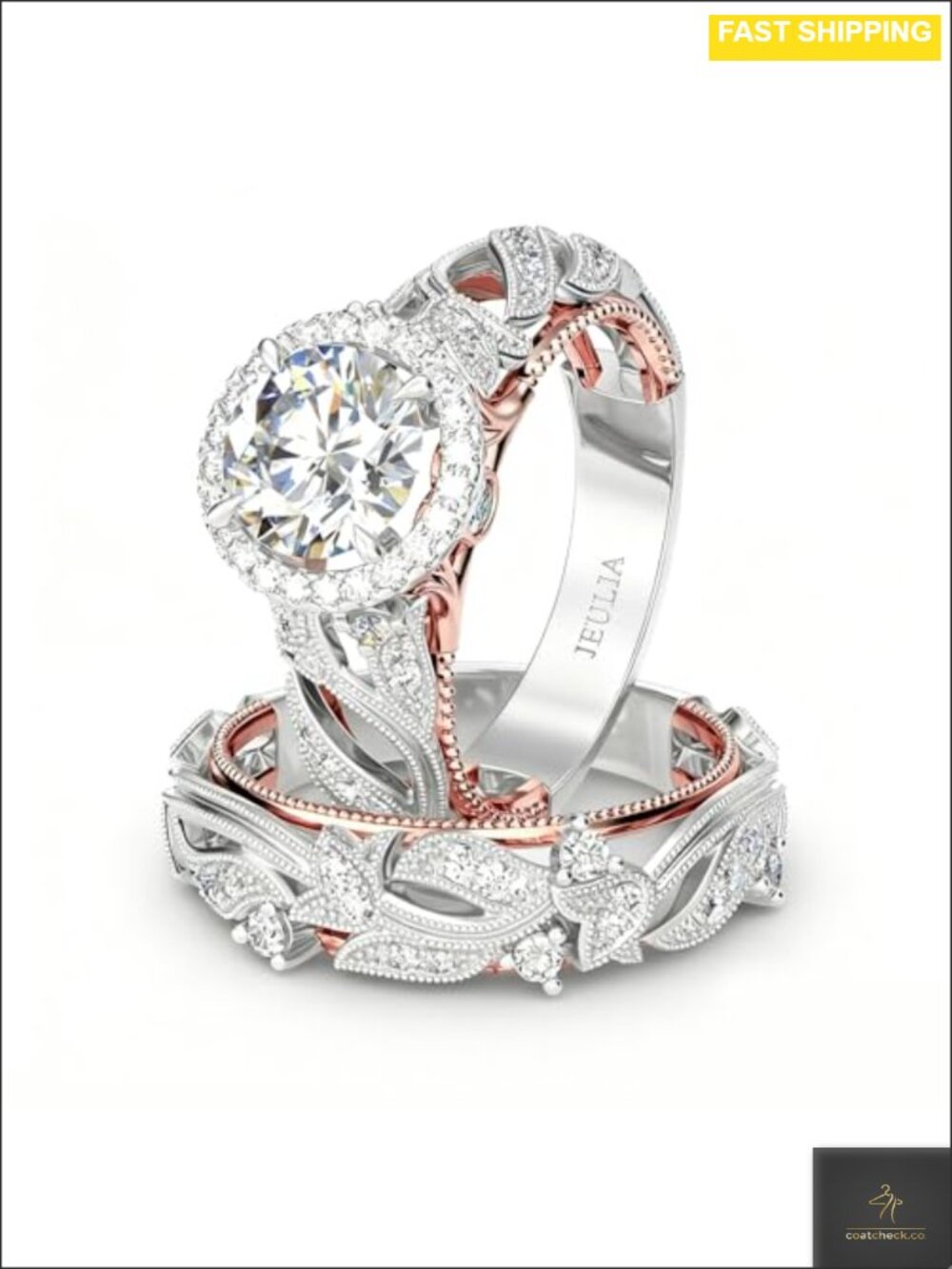 Sterling Silver Wedding Ring Set Halo Round Cut Leaf Design Bridal Anniversary